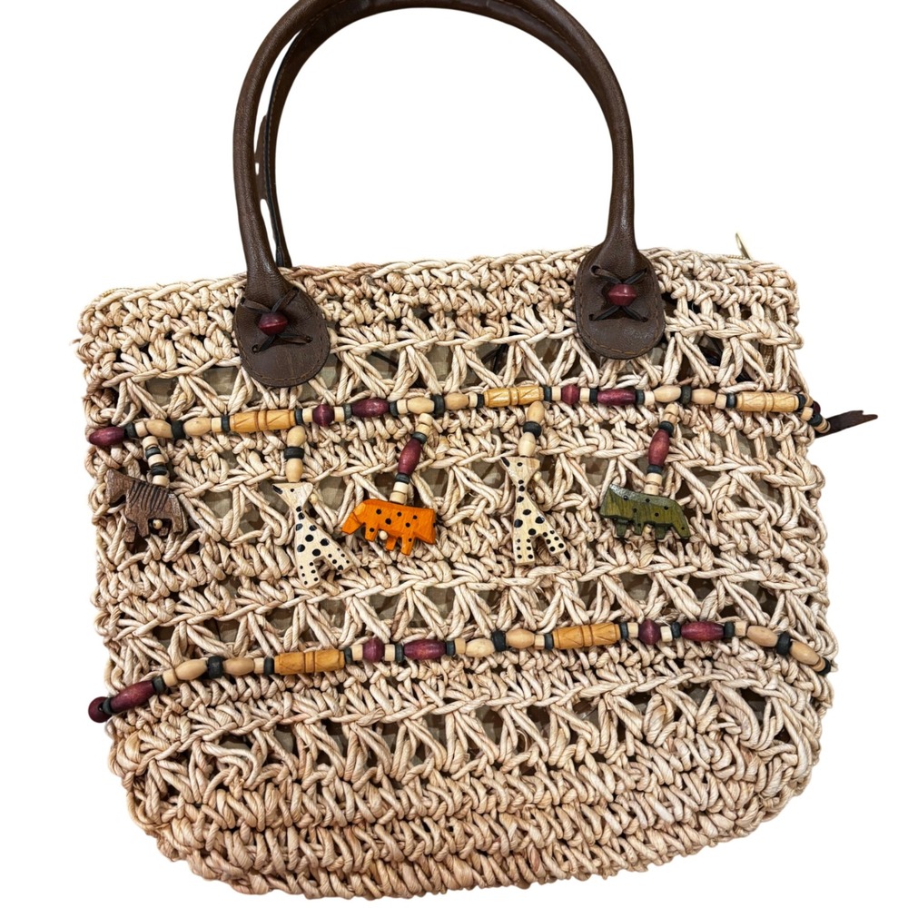 Cappelli‎ Straworld Woven Safari Tote Bag Wood Animal Charms Beaded Beige Brown